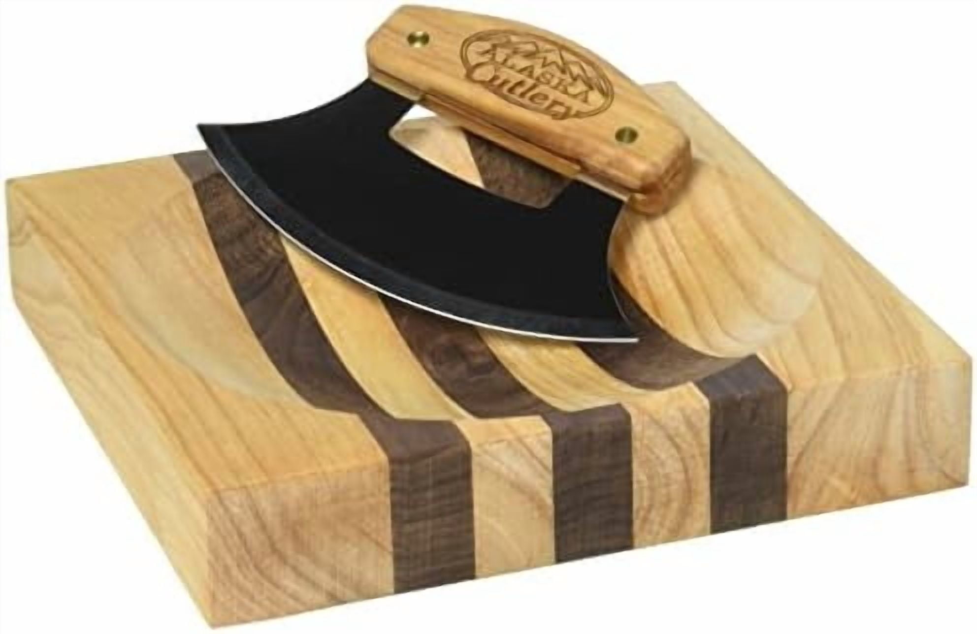 Alaska Ulu Knife Set Curved Knife with Wood Handle plus Chopping Board Mezzaluna Made in Alaska USA Ulu Factory