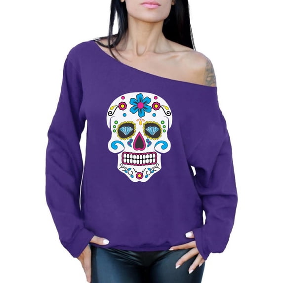Awkward Styles Women's Colorful Skull Graphic Off Shoulder Tops Oversized Sweatshirt Candy Skull Dia De Los Muertos