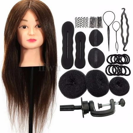 24''100% Real Human Hair Training Practice Head Mannequin Hairdressing With Clamp + Braid