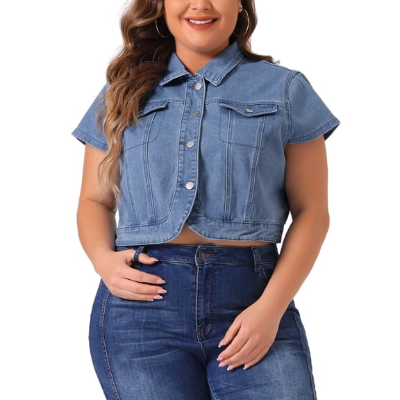 DARING DIVA Women's Plus Size Short Sleeve Denim Button Down Cropped Jacket 1X Light Blue