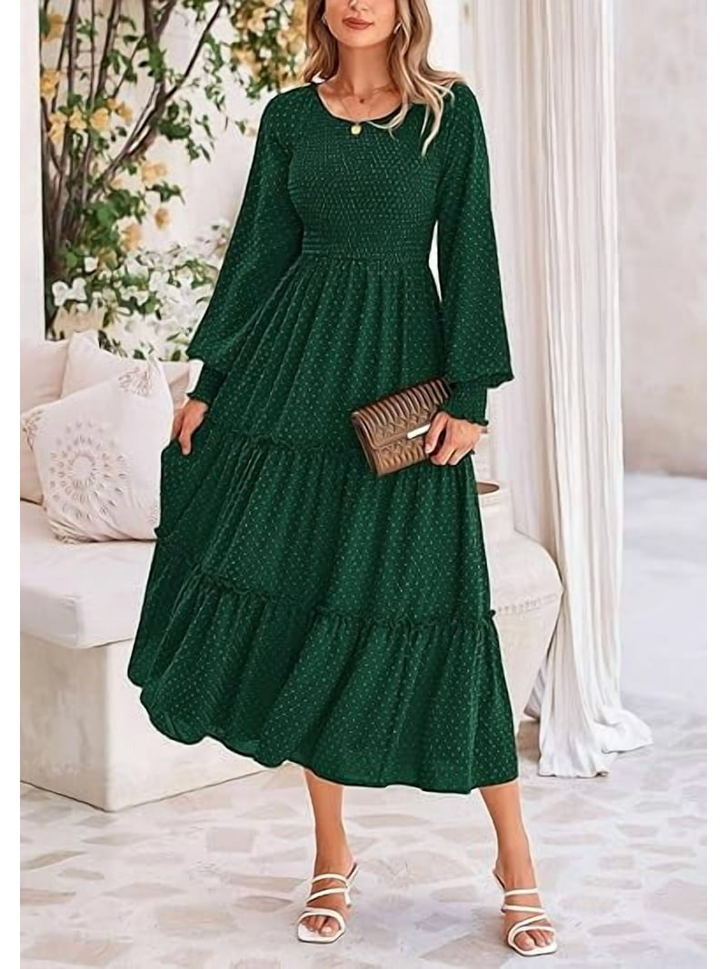 PRETTYGARDEN Women's Smocked Maxi Dress Spring Casual Long Sleeve Swiss Dot  Ruffle Long Flowy Going Out Dresses with Pockets