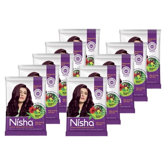 Nisha Pack Of 10 Permanent Natural Red Henna Hair Color Dye, 100% Grey Coverage, Burgundy Red, 0.53 oz Each Pack