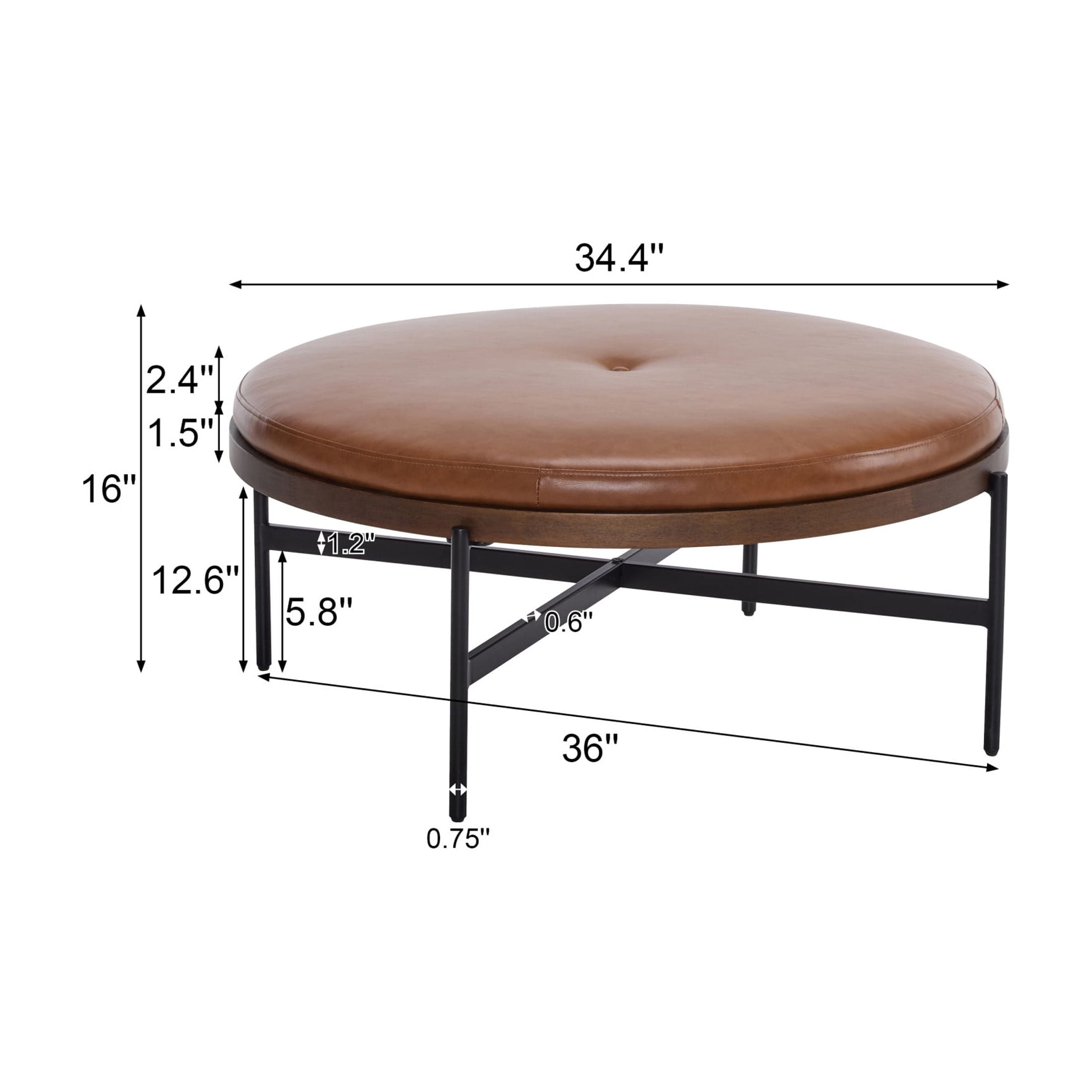 Casual Home 36'' Modern Round Cocktail Ottoman with PU Upholstery and Metal Base, Brown and Black