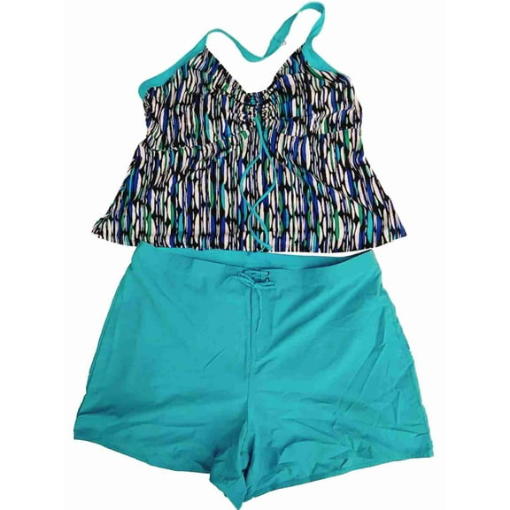 Womens Sky Blue Abstract Oval 2 Piece Swimming Suit Tankini Shorts Set