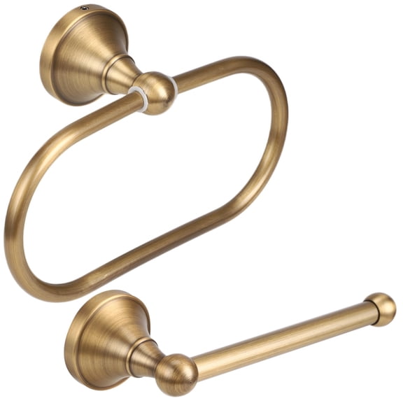 2 Pcs Antique Brass Towel Ring & Toilet Paper Holder, Wall Mounted Bathroom Accessory Set, Brass Material, Space Saving, Easy to Install, for Bathroom, Restroom
