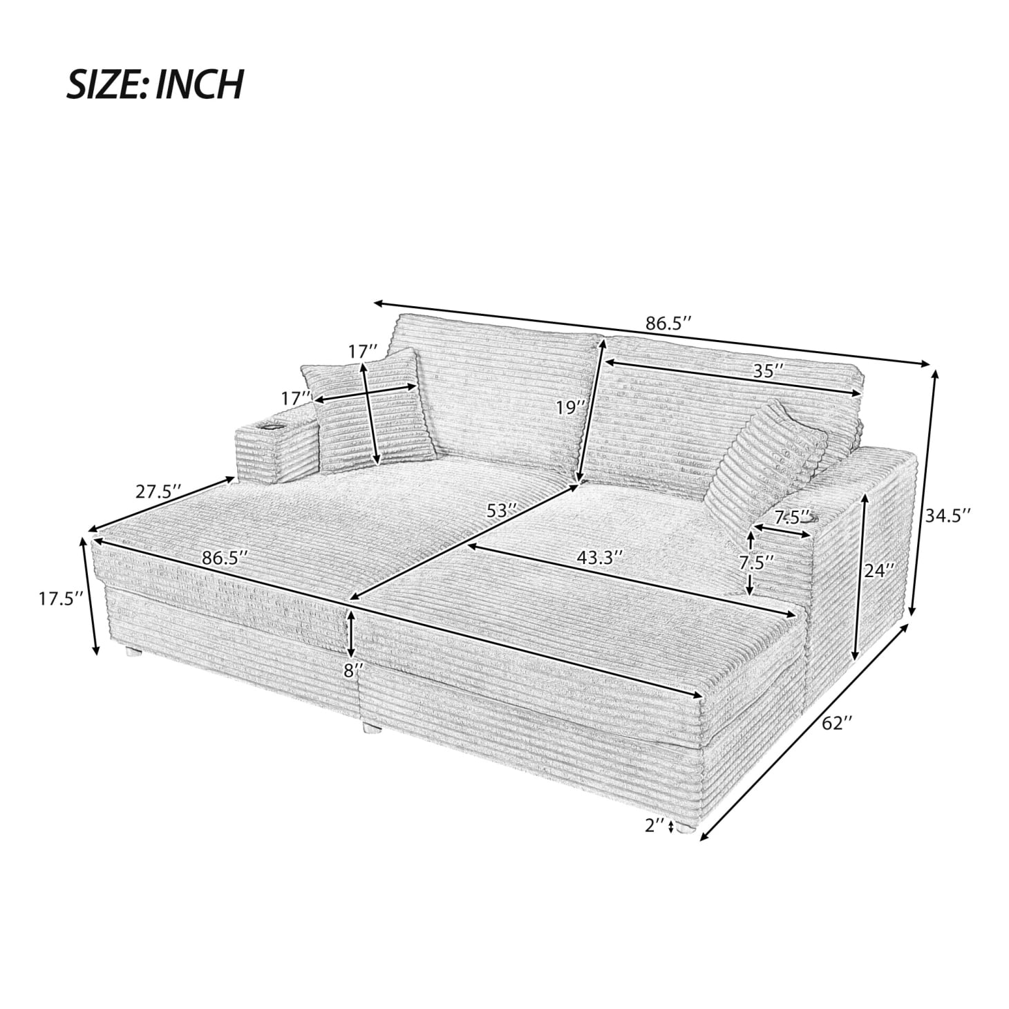 86.5" Oversized Double Lounge Chaise, Upholstered Corduroy Loveseat with 2 Cup Holders and 2 USB Ports, Modern Deep Seat Cloud Couch with Throw Pillows for Living Room, Dark Gray