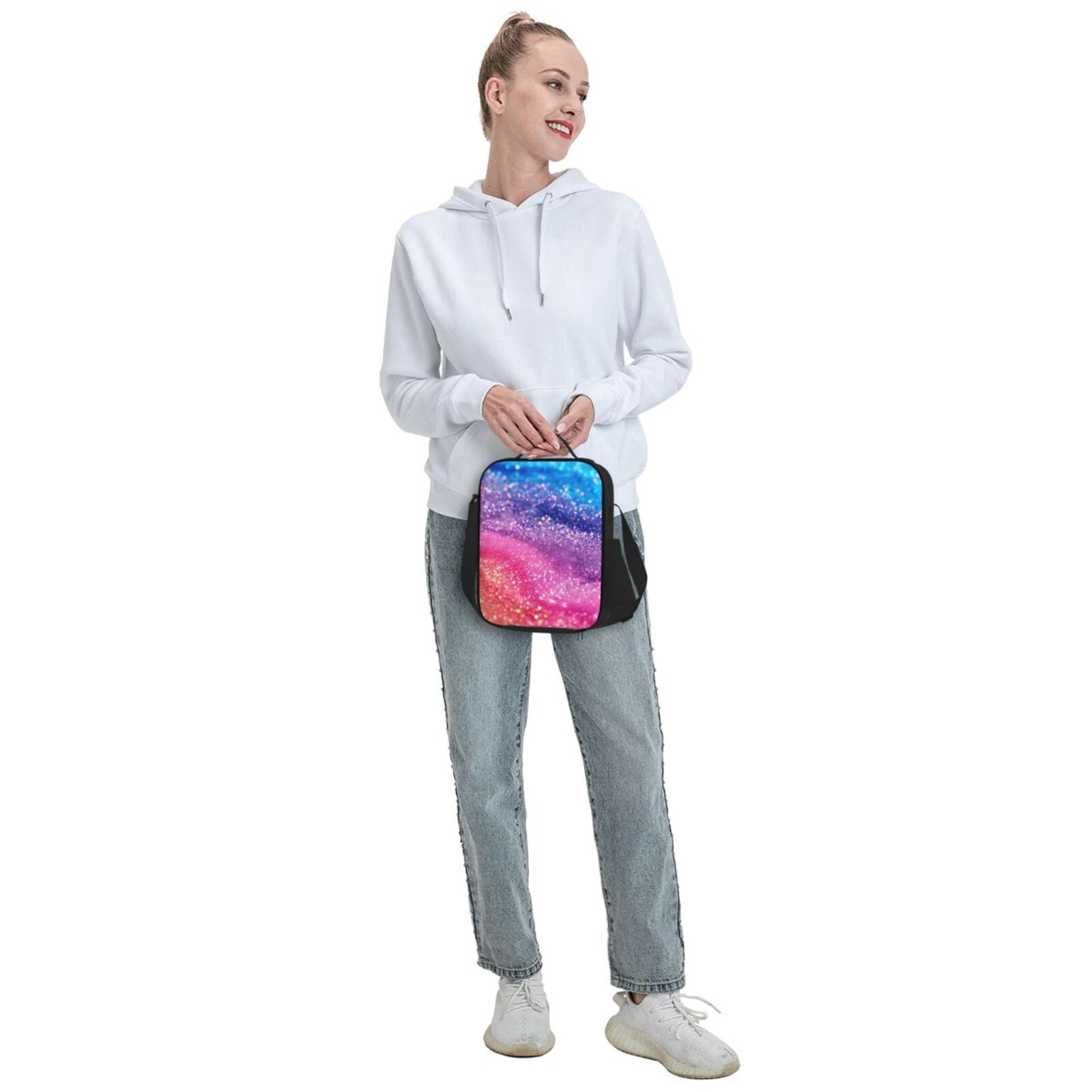 Xecao Rainbow Glitter Cute Print Lunch Bag - Durable, Double-Insulated Lunch Bag, Holds Lunch Box, Water Bottle, & Snacks,Leakproof Cooler Tote Bag