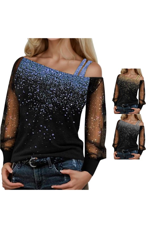 Women's Galaxy Print Mesh Long Sleeve Tops Loose Fit Night Out Blouses