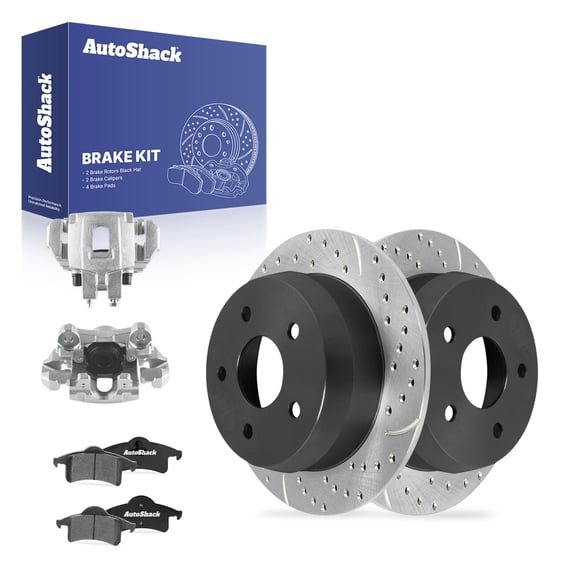 AutoShack Rear Solid Drilled & Slotted E-Coated Brake Rotors   Ceramic Pads   Calipers 8-PC Brake Kit Replacement for 1999-2004 Jeep Grand Cherokee ShadowGuard 12" (304.8 mm)