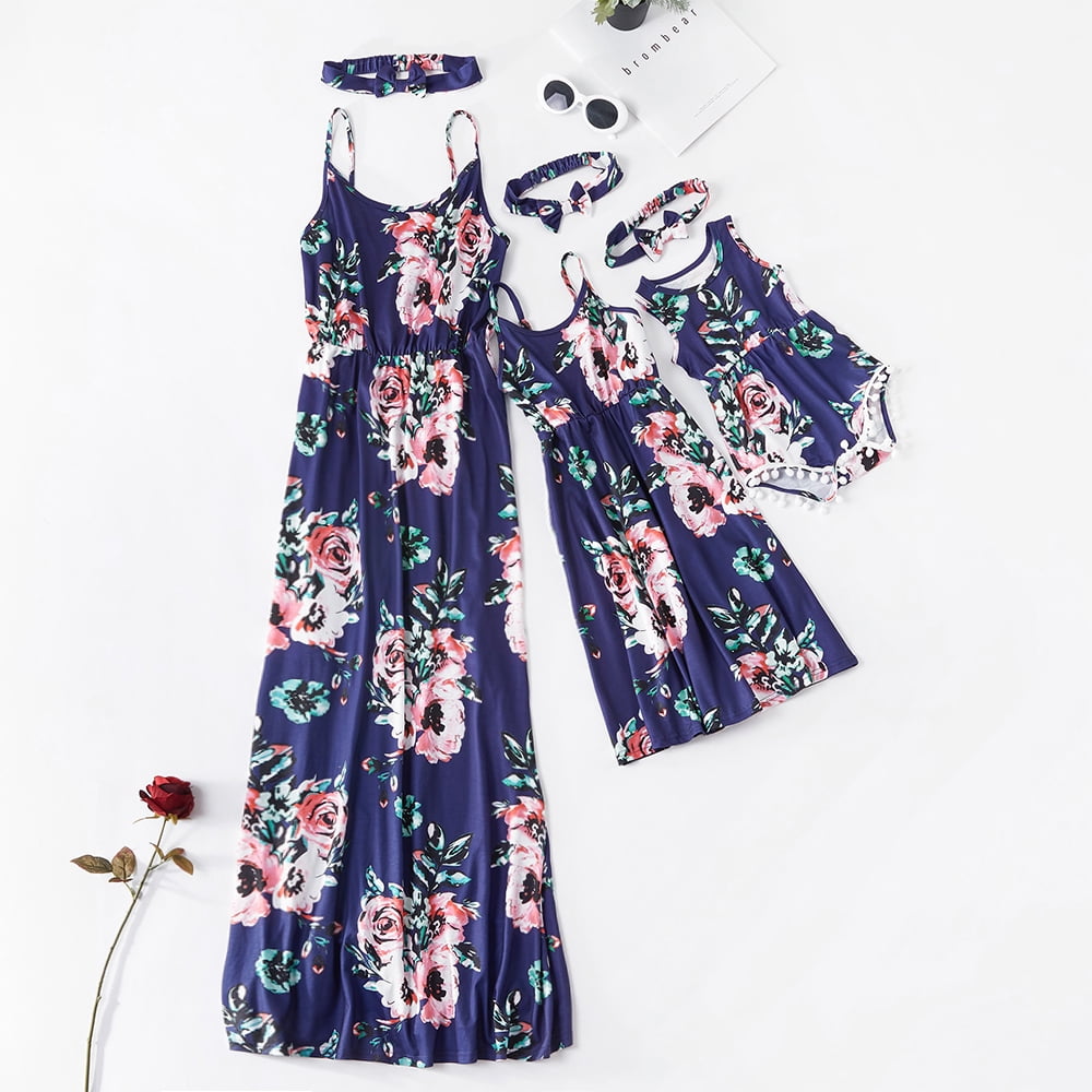 PatPat Women Dress Mommy and Me Dresses Family Matching Outfits Dark Blue Women Maxi Dress Floral Hawaiian Vacation Sling Sundresses for Women