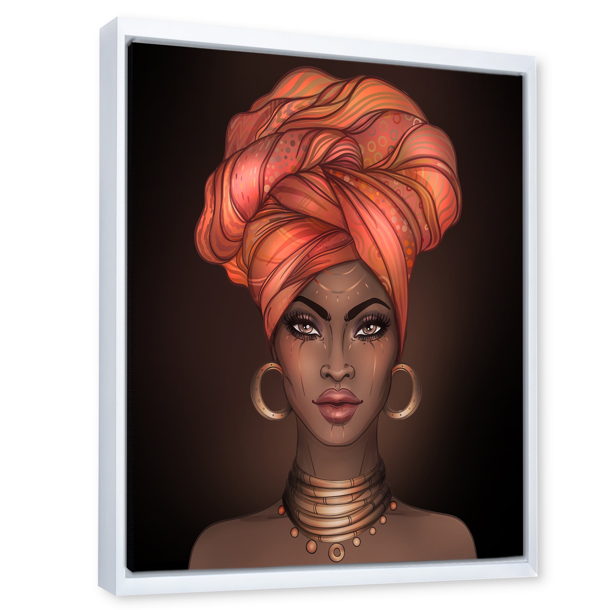 Designart 'African American Woman Portrait with Turban V' Modern Framed Canvas Wall Art Print