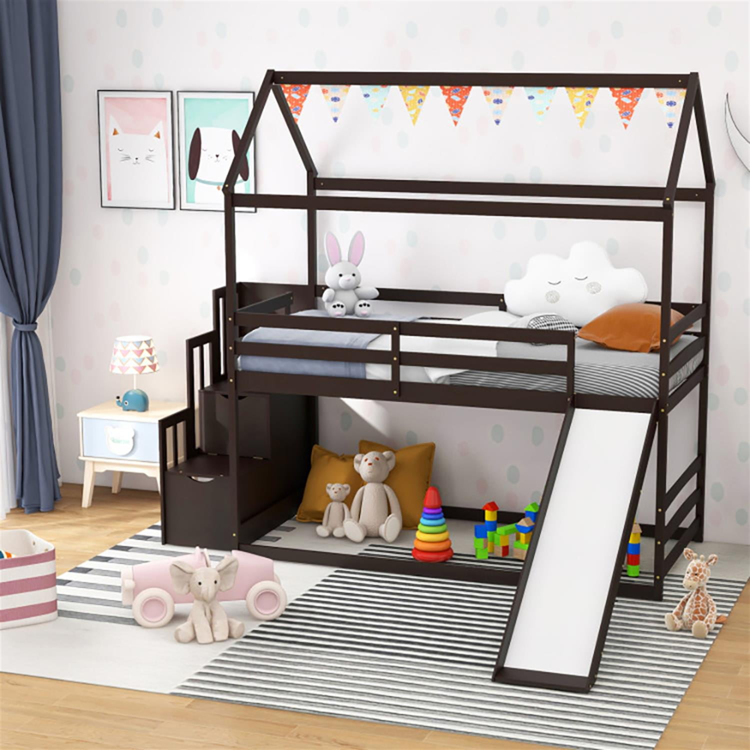 Demi Bonn Twin Over Twin Bunk Bed with Slide and 2-Step Storage Staircase, Solid Wood Loft Bed with Ladder and Full-length Guardrails, Brown