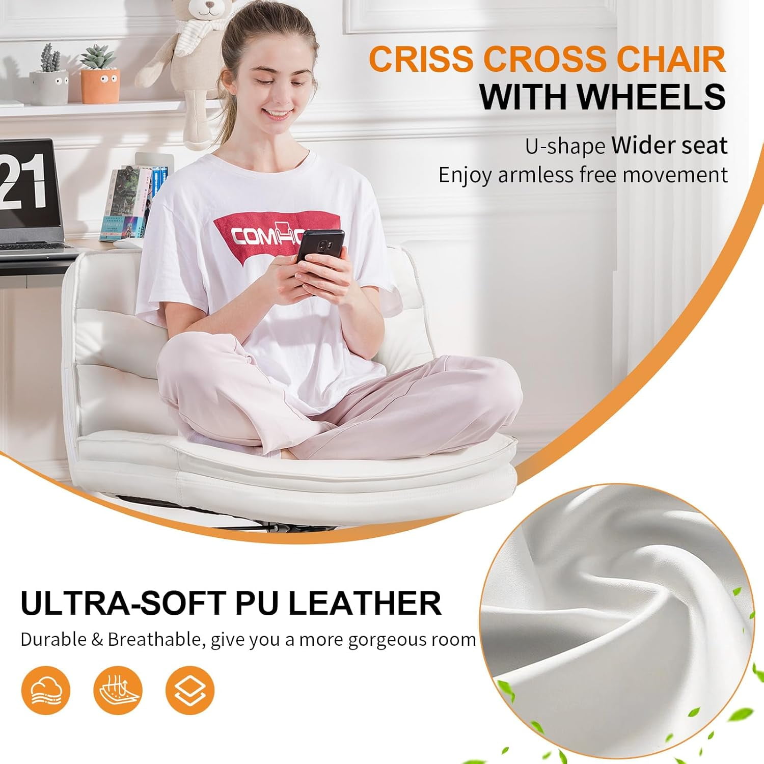 COMHOMA Armless Office Desk Chair, Criss Cross Chair with Wheels, PU Leather Padded Cross Legged Office Chair, Wide Seat Adult Vanity Chair for Home Office , Beige