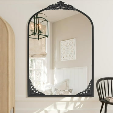 MAYEERTY 38" x 26" Arched Antique Mirror Decorative Wall Mirror, Metal Frame, Black