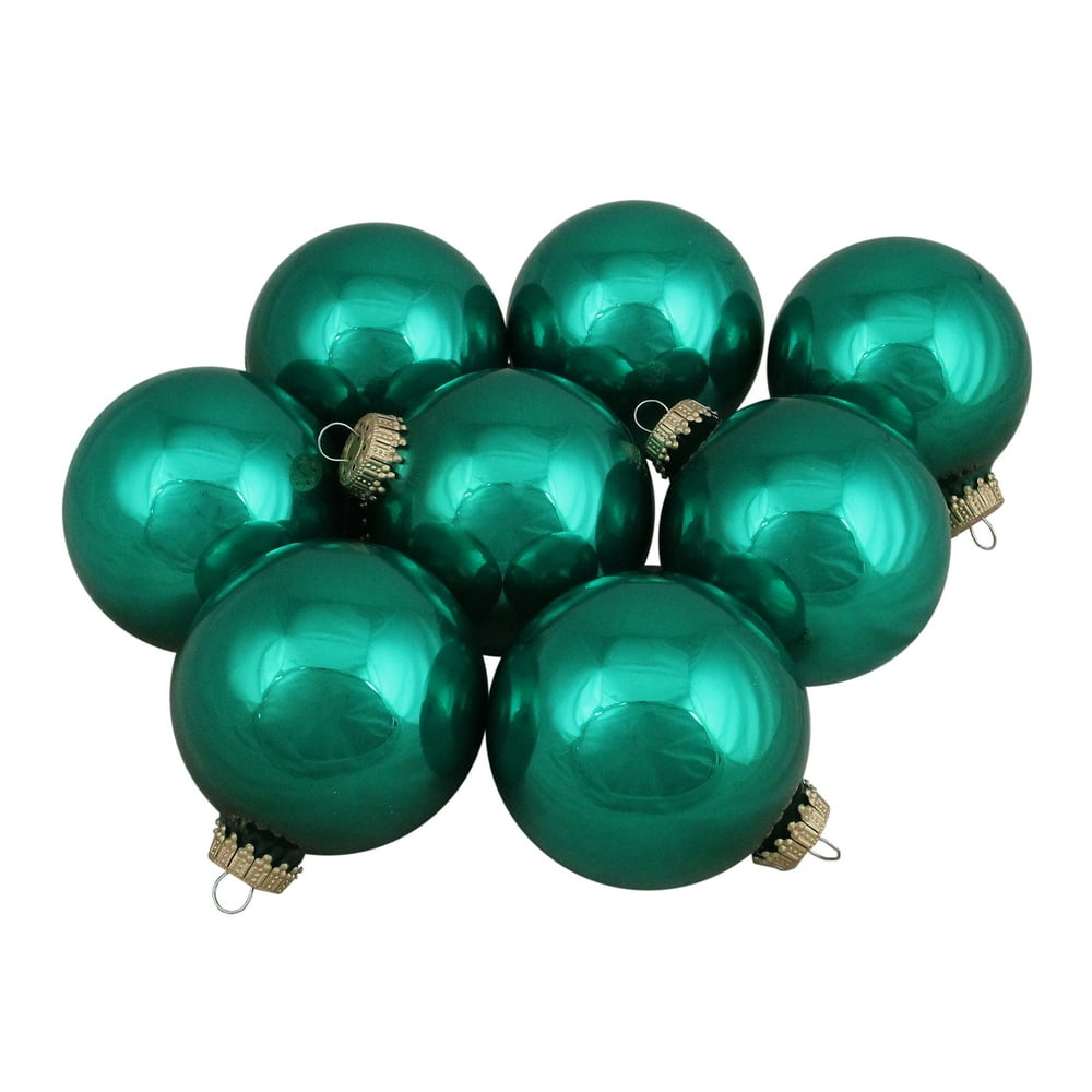 Set of 8 Emerald Green Shiny Glass Ball Christmas