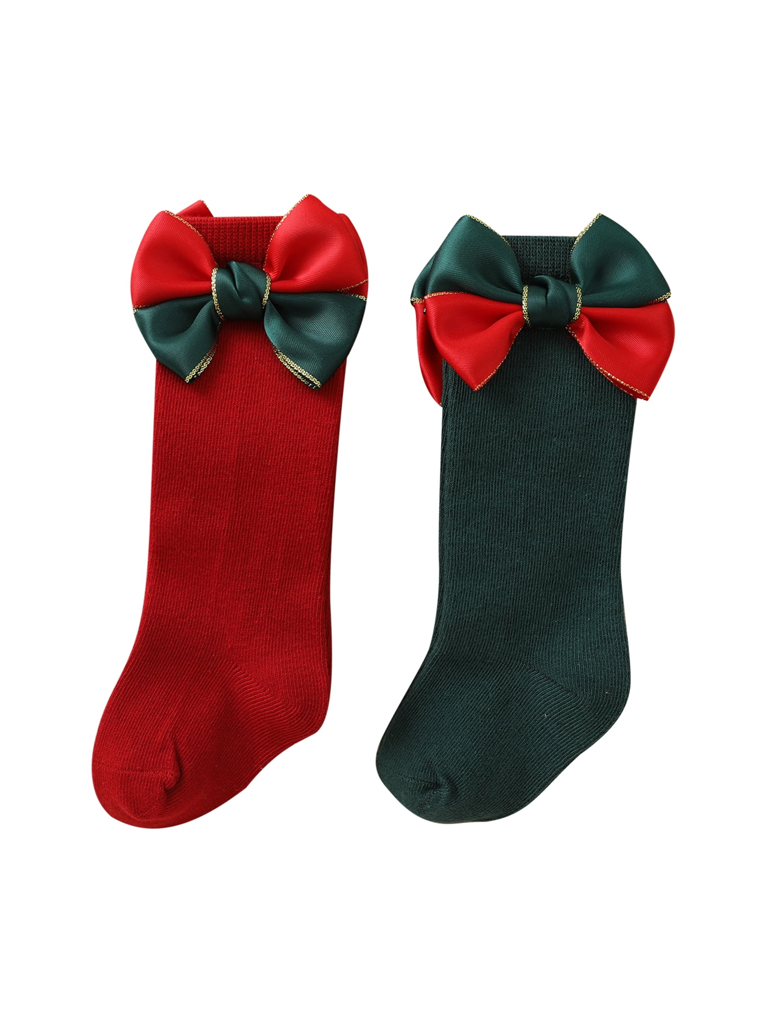 2 Pairs Girls Cable Knit Knee High Satin Bow Socks