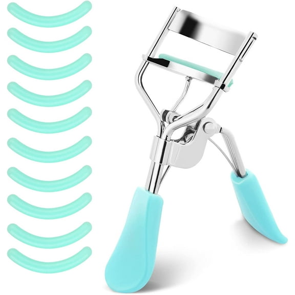 Eyelash Curler, No Pinching or Pulling, Long Lasting Lash Curler Fit All Eye Shapes, Professional Makeup Tool with 10 Pieces Silicone Refill Pads for Women Girls (Green)