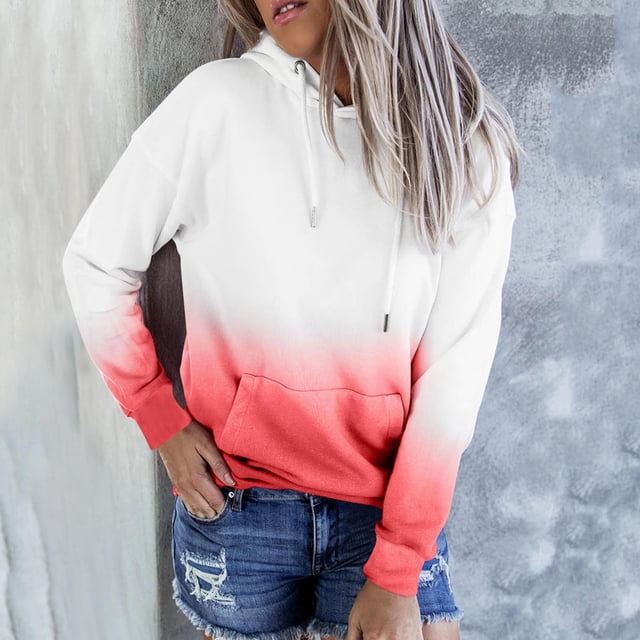 Simua Sweat à Capuche Mode pour Femmes Manches Longues Dégradé de Couleur Pull Ample avec Poche