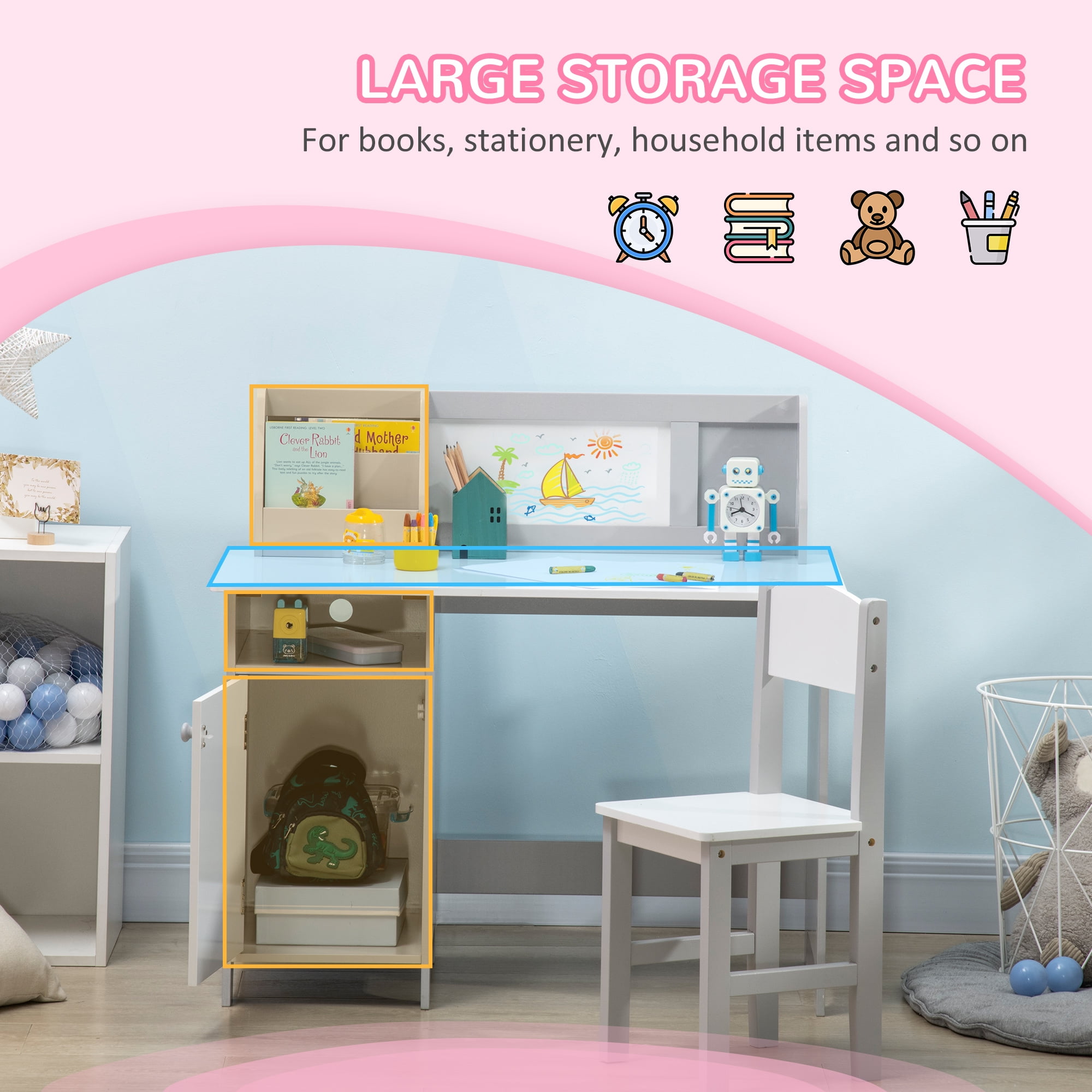 Qaba Toddler Table and Chair Set, with Whiteboard, Kids Writing Desk Homework Table, Gray