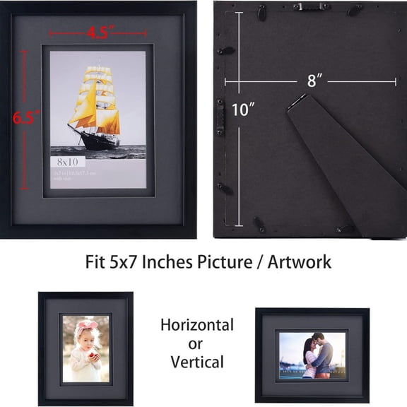 8x10 Double Floating Mat Picture Frame Set of 4, Display Picture 5x7 with black Double Mat, Polished High Definition Real Glass, Tabletop & Wall Mounting Photo Frames