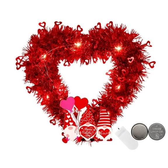 MOQIN LED Lighted Valentine's Day Wreath- Valentines Heart Shaped Wreath Red Tinsel Wreaths with Foil Love Heart Glowing Ornaments for Wedding Engagement Anniversary Front Door Window Home Decor
