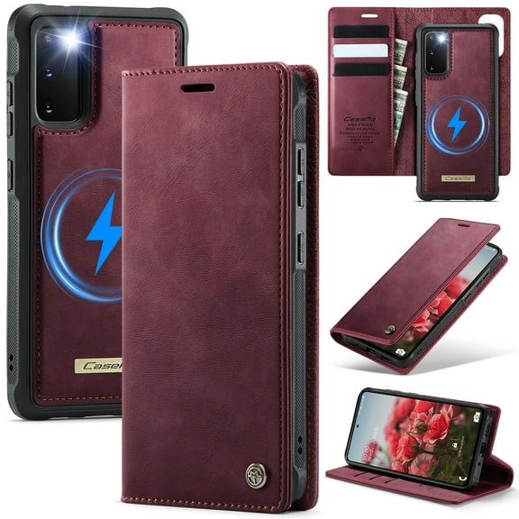 CaseMe Wallet Case for Samsung Galaxy S20 Compatible with Magsafe, 2-in-1 PU Leather【RFID Blocking】Flip Card Holder Stand Shockproof Magnetic Detachable Cover for Samsung Galaxy S20 6.2",Wine Red