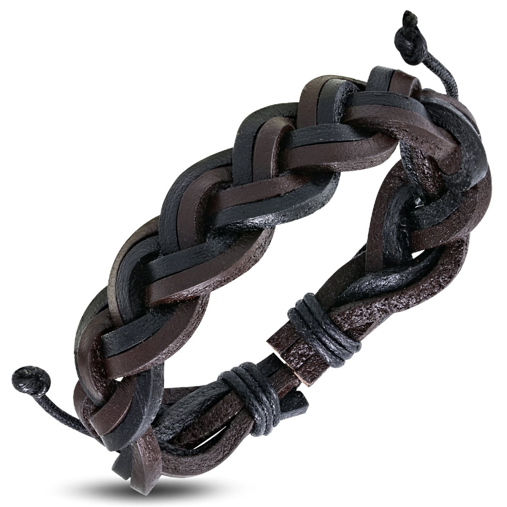 Trendy FAMA Black Leather Bracelet with Cross Braided Strips 