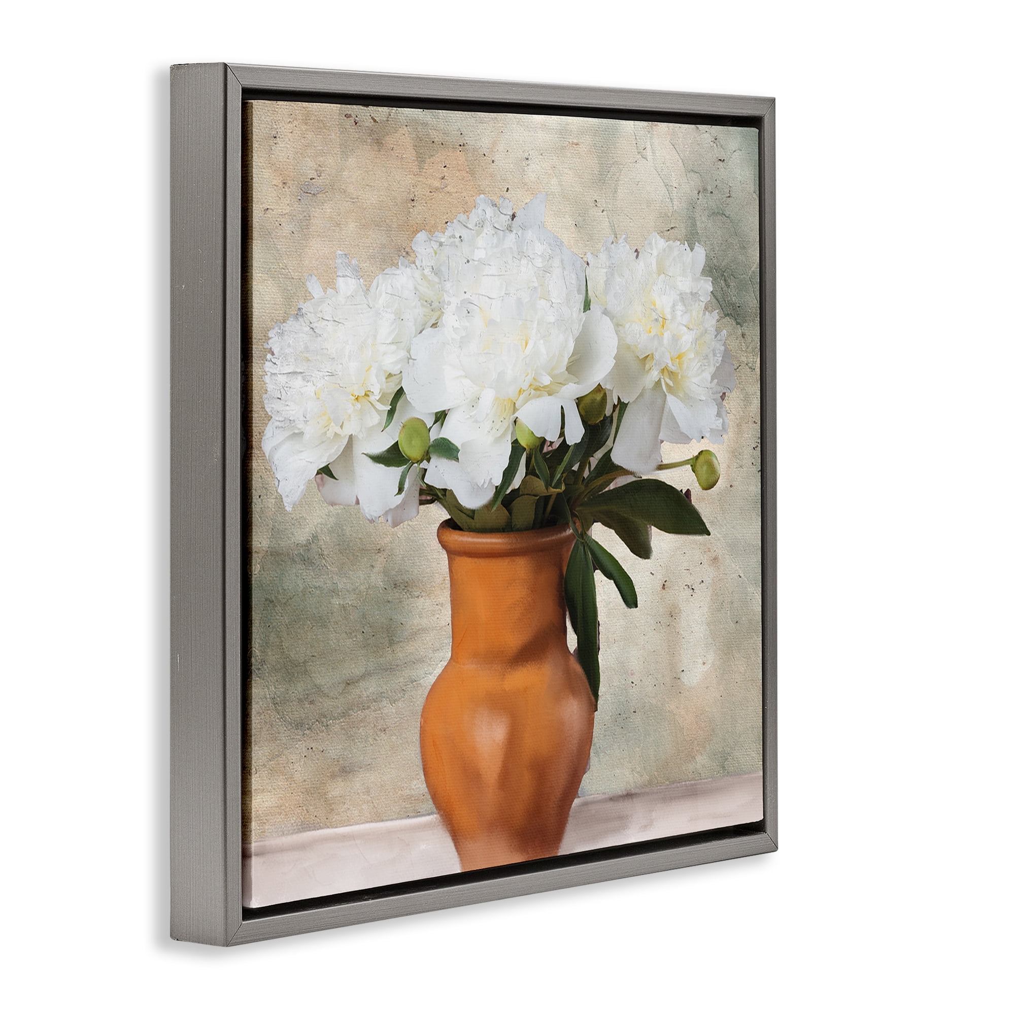 Stupell Industries Rustic Terracotta Vase Plants & Flowers Painting Gray Floater Framed Canvas Art Print Wall Art, 18 x 18