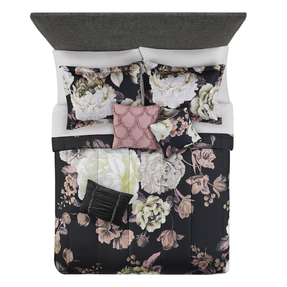 Mainstays Black Floral 10-Piece Bed in a Bag Bedding Set w/ Sheet Set