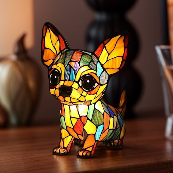 HzyK Retro Stained Resin Chihuahua Dog Tabletop Night Light, Animal Table Lamps Series, 3D Cute Dog LED Stained Glass Table Lamps, Vintage Home Decor Gift for Pets Lovers