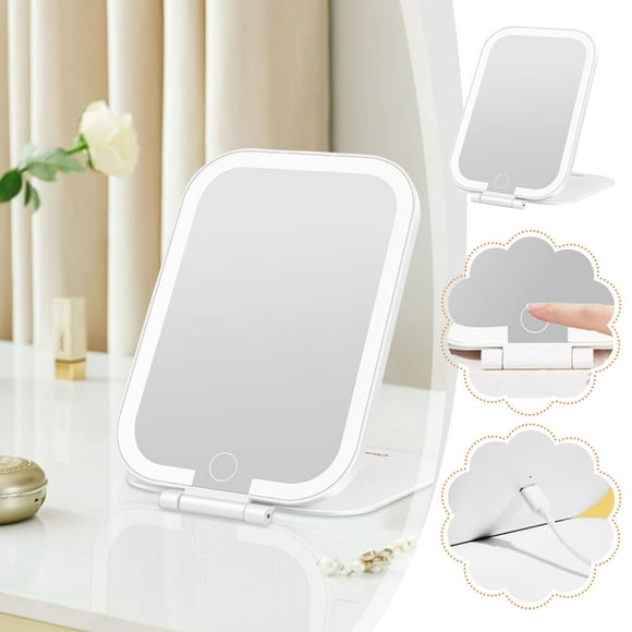 EGNMCR LED Makeup Mirror Rechargeable Desktop With Lamp Makeup Mirror Folding Portable Flip Mirror Tricolor Lamp Household a mirror