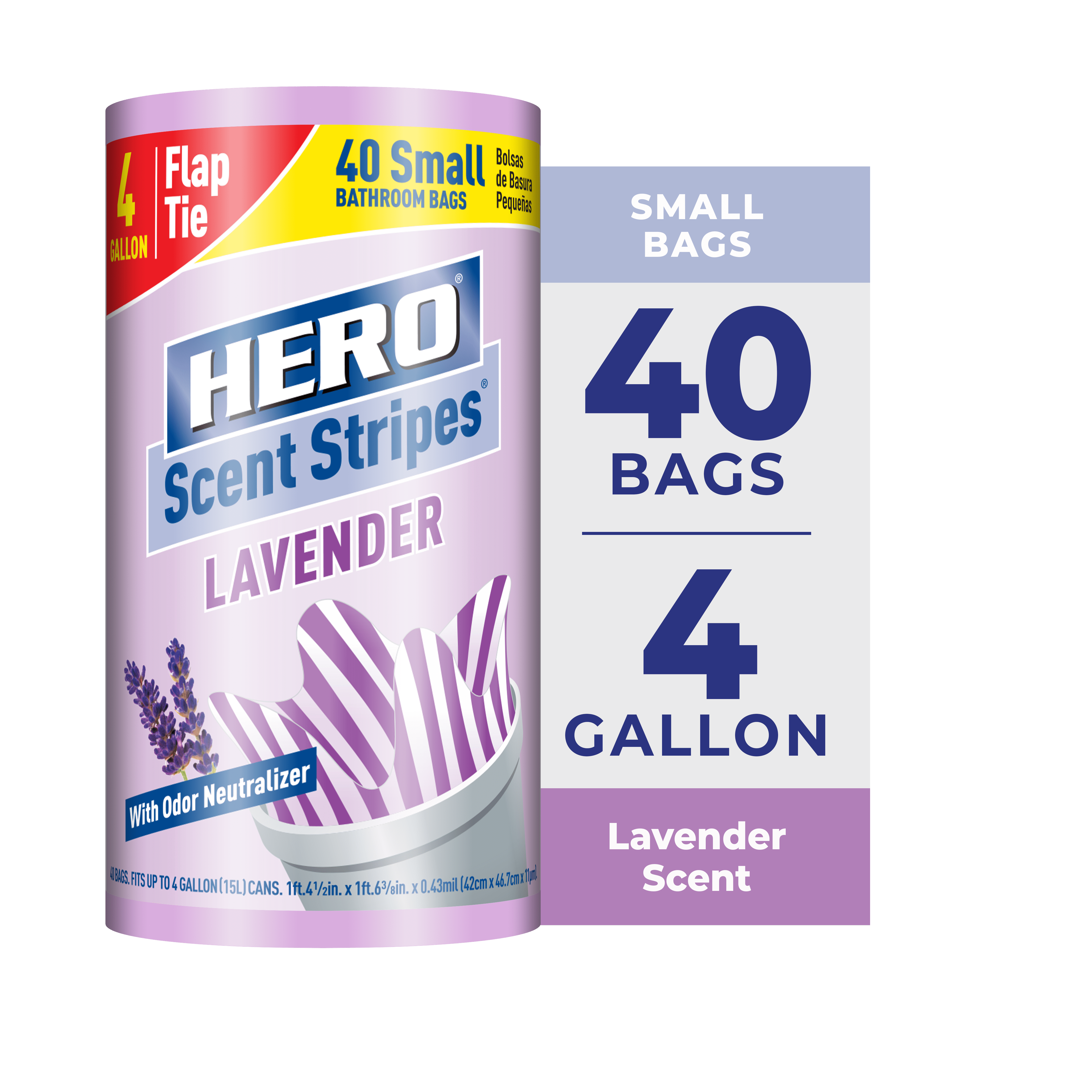 (8 pack) Hero Scent Stripes 4-Gallon, Lavender Scented, Small Flap Tie Trash Bags, 40 Count