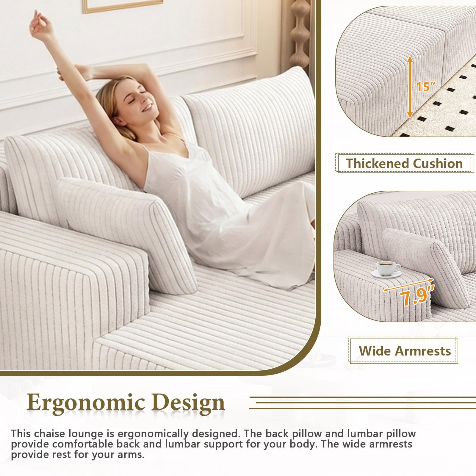 Aukfa 71" Oversized Double Chaise Lounge Indoor, Modular Boneless Cloud Couch Sleeper Loveseat, Deep Seat Corduroy Sofa Bed, No Assembly Required for Living Room Bedroom, Antique White