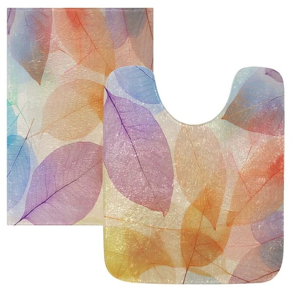 2 Piece Soft Bathroom Rug Set Colorful Leaf Skeletons Bath Mat and U-Shaped Toilet Contour Rug (16"x24" 20"x24")