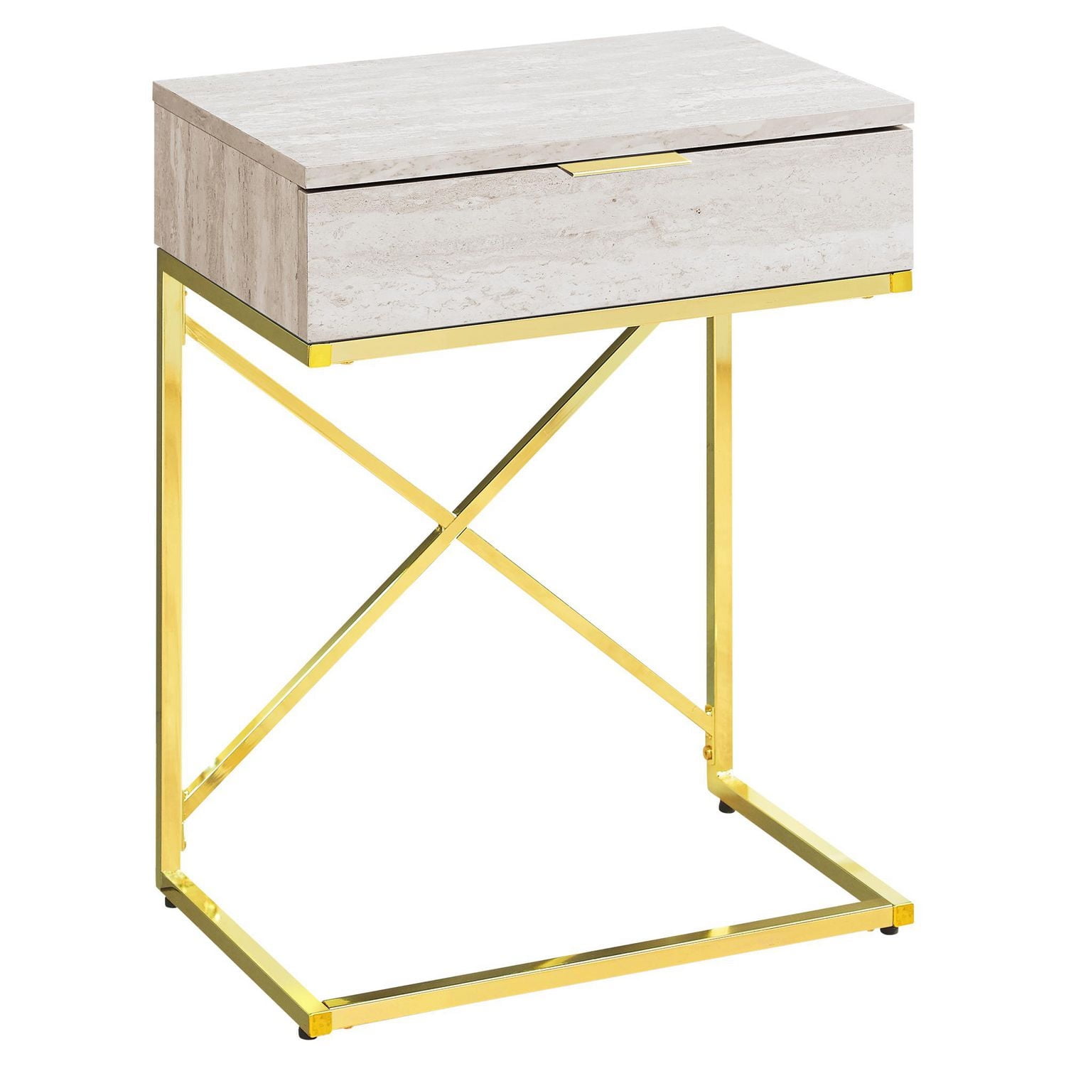 Monarch Specialties  Table D'appoint, Coté, Bout, Table De Nuit, Lampe, Tiroir De Rangement, Salon, Chambre À Coucher, Stratifié Aspect Marbre Beige, Métal D'or, Contemporain, Moderne