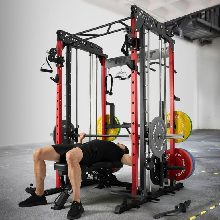 RitFit M1 Smith Machine with Cable Crossover System Multi function Squat Rack Power Cage for Home Gym Power Rack and Packages