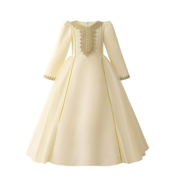 Muslim Abaya Dresses for Kids Girls Prayer Long Sleeve Formal Dress Embroidered Maxi Robe Islamic Ramadan Clothing, Yellow, 5 Years
