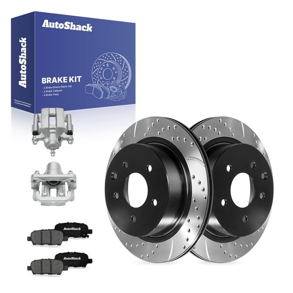 AutoShack Rear Vented Drilled & Slotted E-Coated Brake Rotors   Premium Ceramic Pads   Calipers 8-PC Brake Kit Replacement for 2003-2005 Nissan 350Z ShadowGuard 11.49" (291.8 mm)