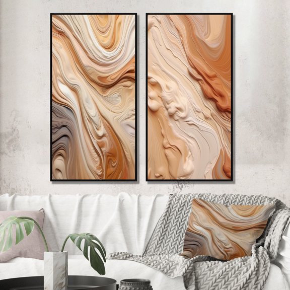 Designart "Imagination Unbounded in Orange and Beige II" Abstract Framed Wall Art Set Of 2 - Orange Abstract Framed Canvas Set For Living Room Decor