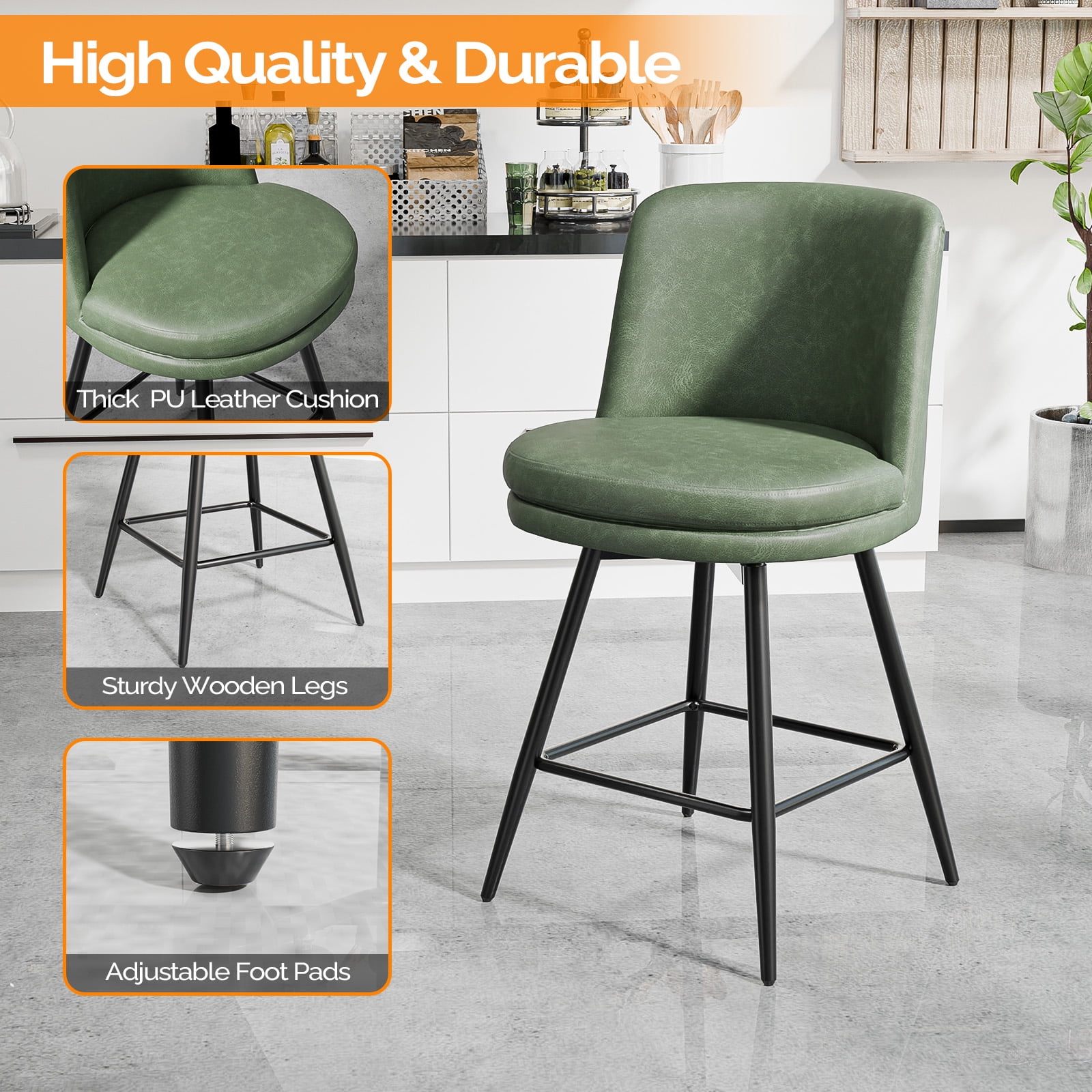 Zimtown Modern Barstools Set of 2, 26" Counter Height Swivel Bar Stools Set with Cushion for Kitchen Island, Dining Room, Bar Chairs, Dark Green