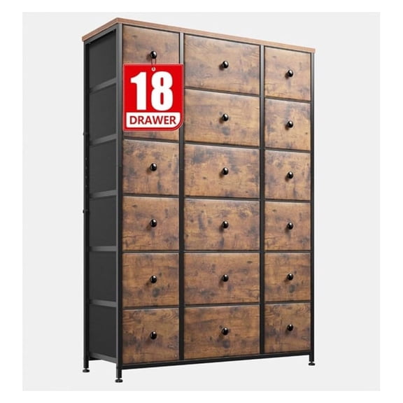 57.7" H Dresser for Bedroom with 18 Drawers, Dressers & Chests of Drawers, Fabric Dresser with Wooden Top & Metal Frame, Living Room, Hallway, Rustic Brown