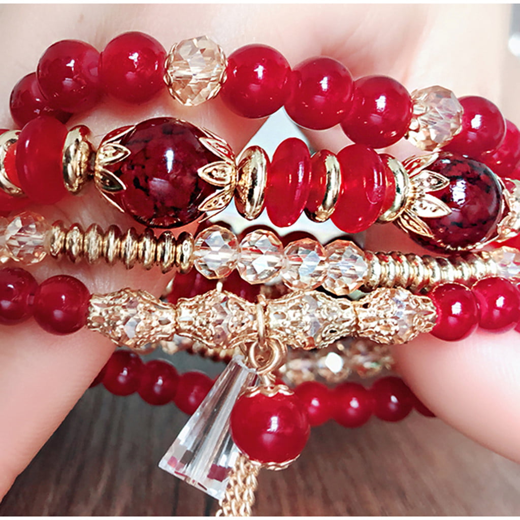 Jewelry On Clearance Women Bohemian Hand String Ocean Style Multi Circle  Pearl Crystal Bracelet Red