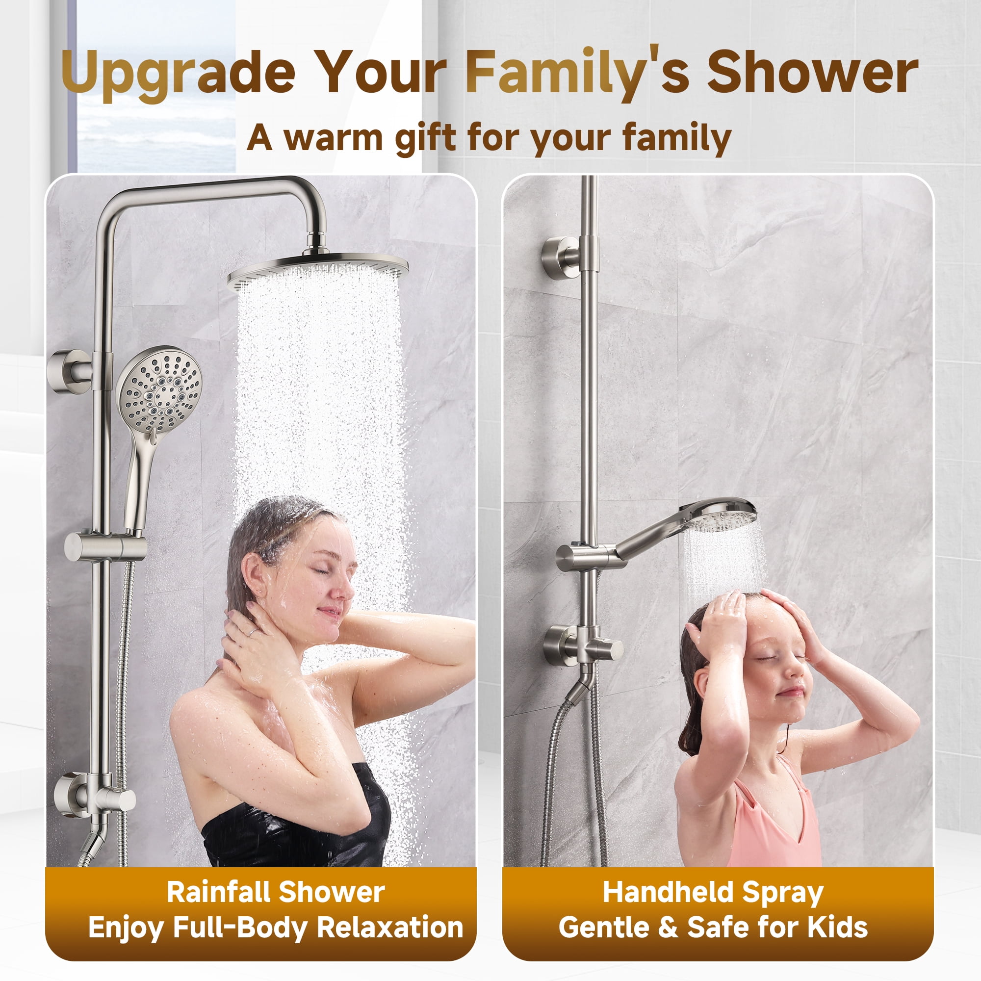 BRIGHT SHOWERS Rain System Including 9 Inch Rainfall shower head and Handheld with Height Adjustable Holder, Solid Brass Rail and 60 Inch Long Stainless Steel Shower Hose