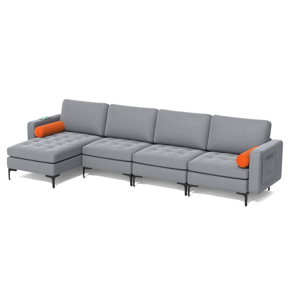 Finihen L-shaped Sectional Sofa Couch, Modular L-shaped 4-Seat Sectional Sofa with Reversible Chaise and 2 USB Ports, for Living Room, Light Gray Finihen L-shaped Sectional Sofa Couch, Modular L-shaped 4-Seat Sectional Sofa with Reversible Chaise and 2 USB Ports, for Living Room, Light Gray