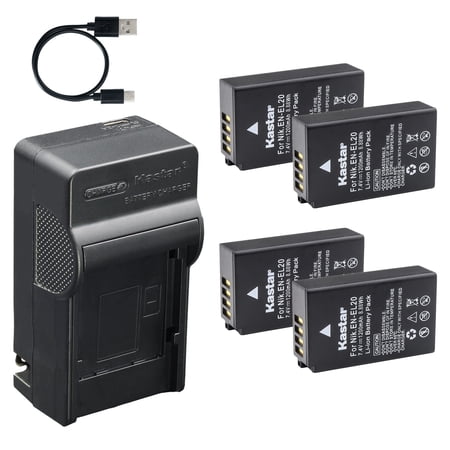 Kastar 4-Pack Battery and AC & USB-C Charger Compatible with Nikon EN-EL20 EN-EL20a Coolpix P950 P1000 P1100 Coolpix A Nikon 1 AW1 J1 J2 J3 S1 V3 DL24-500 Blackmagic Pocket Cinema Camera