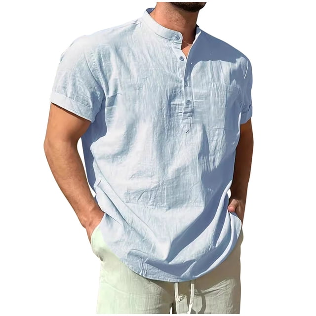 Playera Elvqul Caballero Azul Celeste Playa de Color Sólido Manga Corta Algodón Cuello Mao Lino