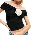 thumbnail image 2 of Douhoow 3D Flower Tank Top for Women Slim Fit T-Shirts Short Sleeve Off Shoulder Crop Top, 2 of 7