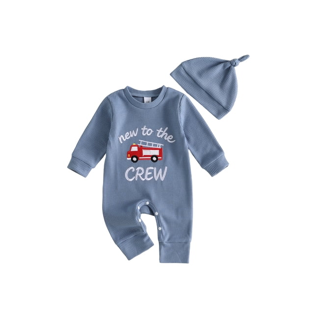 Conjunto de otoño para bebé niño recién nacido: mono de manga larga con letras de camión de bomberos y gorro.