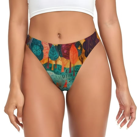 Qokaie Whimsical Forest Scene Printed Women s Cotton Thong Underwear  Sexy Breathable Panties G-string-X-Small