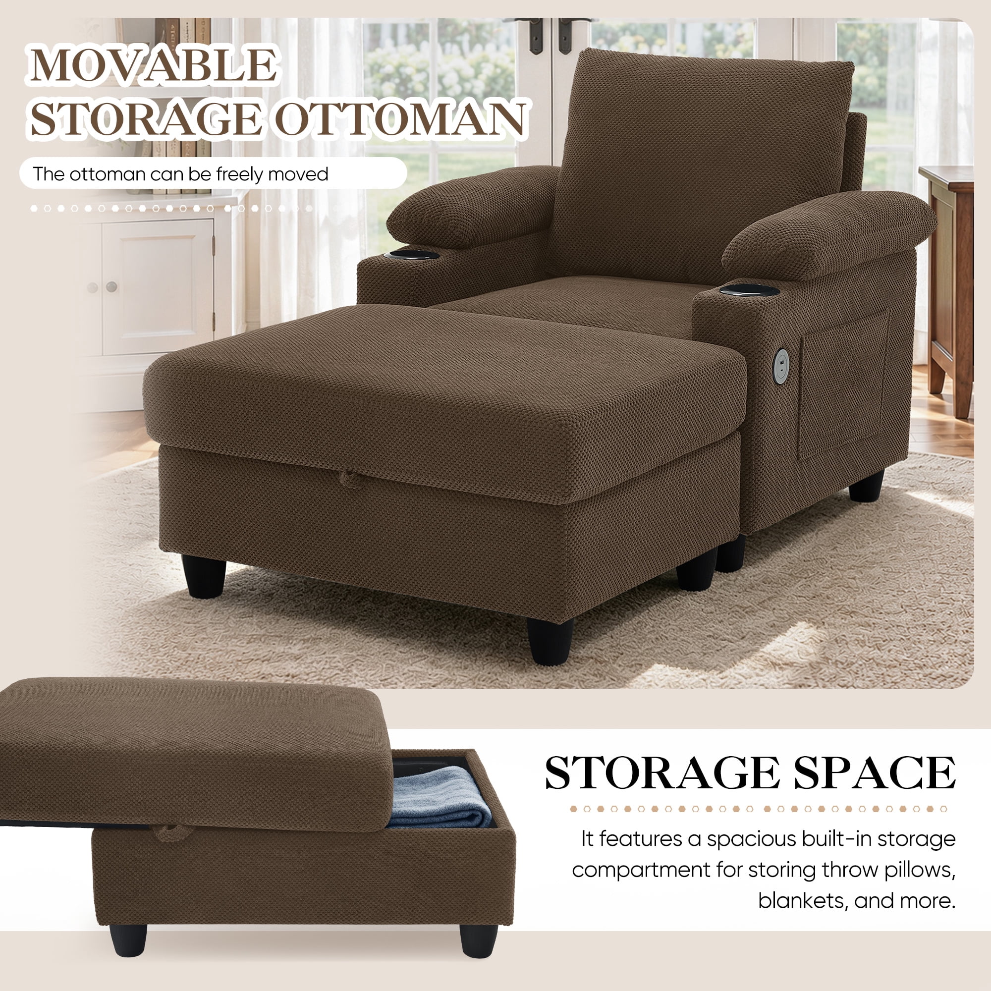 Lunale Accent Chair with Storage Ottoman & Adjustable Backrest, Chaise Lounge Chair Indoor with USB, Living Room Reading Armchair, Coffee